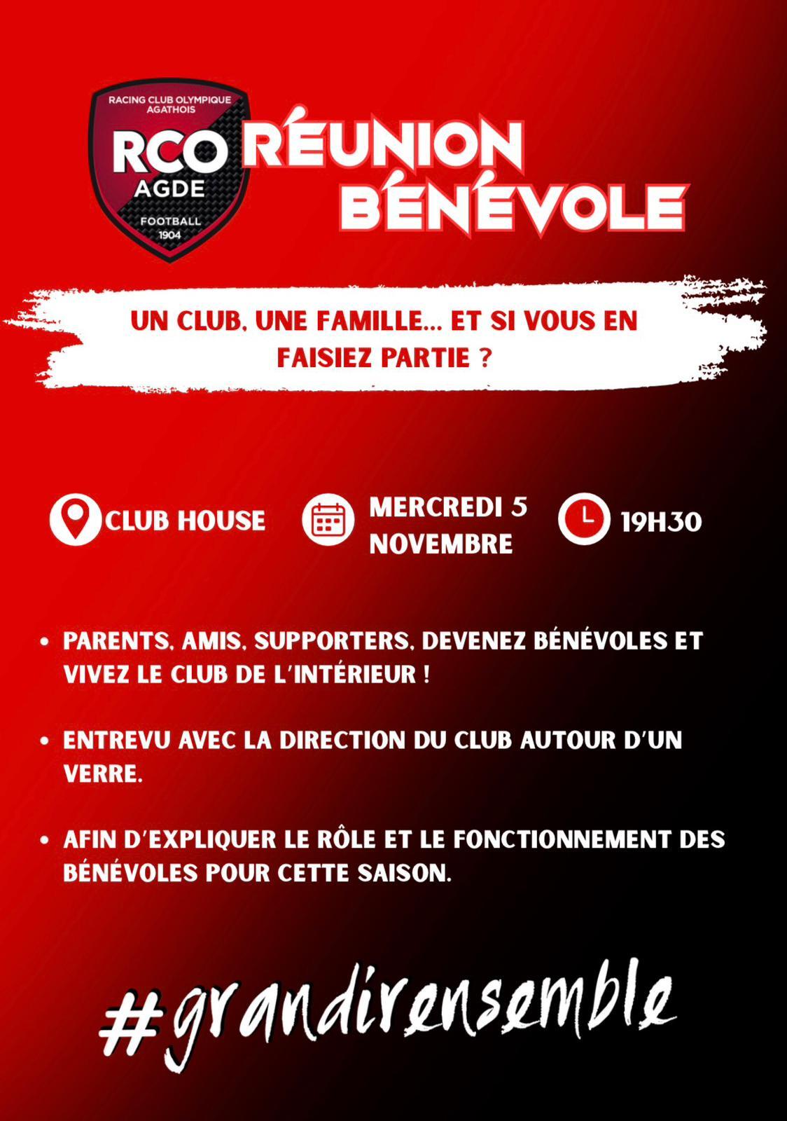 Participez à la réunion bénévoles du RCO Agde : Mercredi 5 novembre 2025